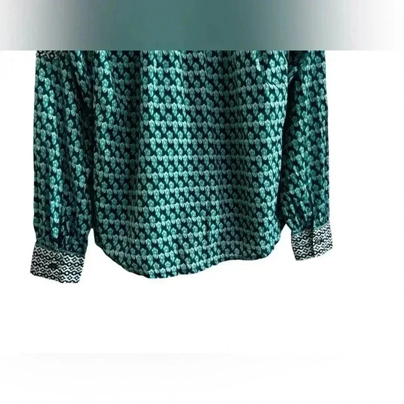 SUNDANCE Blouse Women's Size M Teal White Cotton Contrast Patterns Long Sleeve - Picture 4 of 13